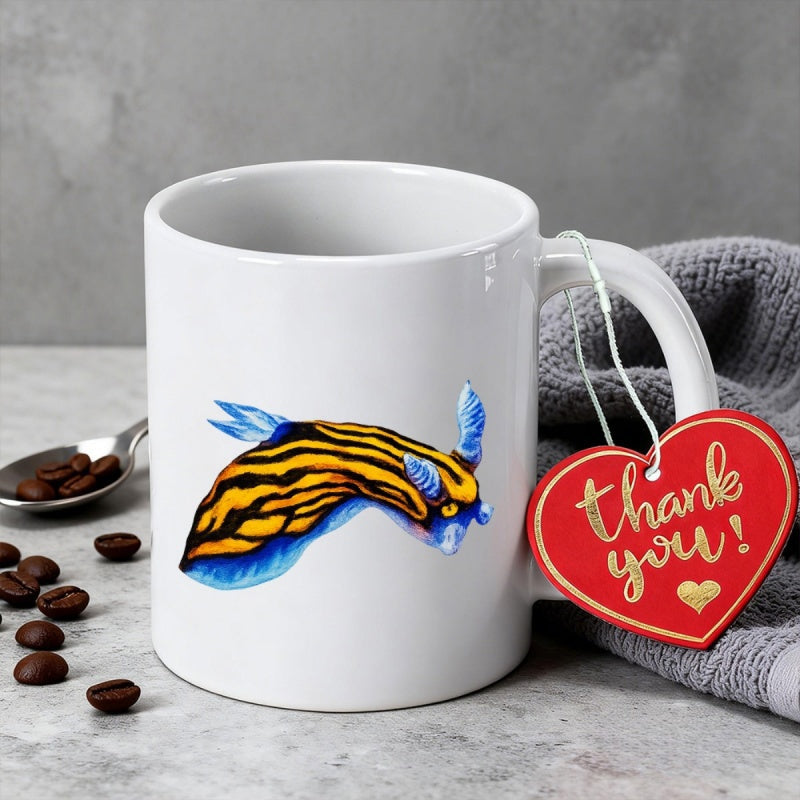 Tailorly White Ceramic 11 oz Mug - Vibrant Blue And Yellow Striped Marine Life Swimming In Ocean Nudibranch