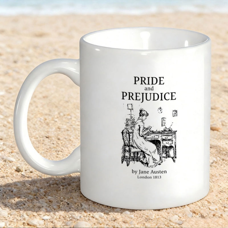 Tailorly White Ceramic 11 oz Mug - Pride And Prejudice Jane Austen London 1813 Classical Vintage Line Art Sketch Of A Writing Woman