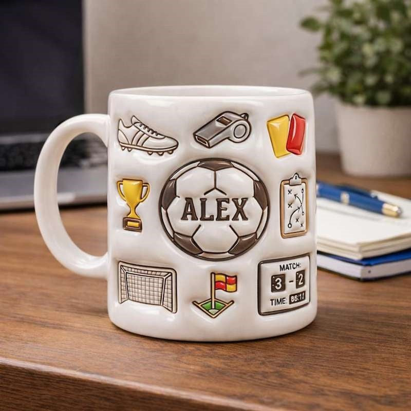 Tailorly White Ceramic 11 oz Mug - Alex Detailed Embossed Icons Featuring A Trophy Whistle And Goal Post Around A Soccer Ball