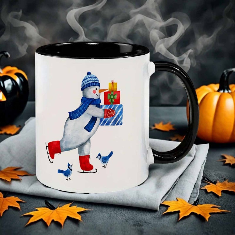 Tailorly Black Accent 11 oz Mug - watercolor style snowman skiing