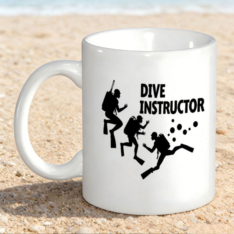 Tailorly White Ceramic 11 oz Mug - Dive Instructor Three Black Scuba Silhouettes Swimming Deep Underwater With Bubbles Diver