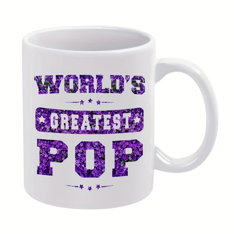 Tailorly White Ceramic 11 oz Mug - Worlds Greatest Pop Sparkling Purple Glitter Text With Decorative Stars And Elegant Symmetrical Lines Mug