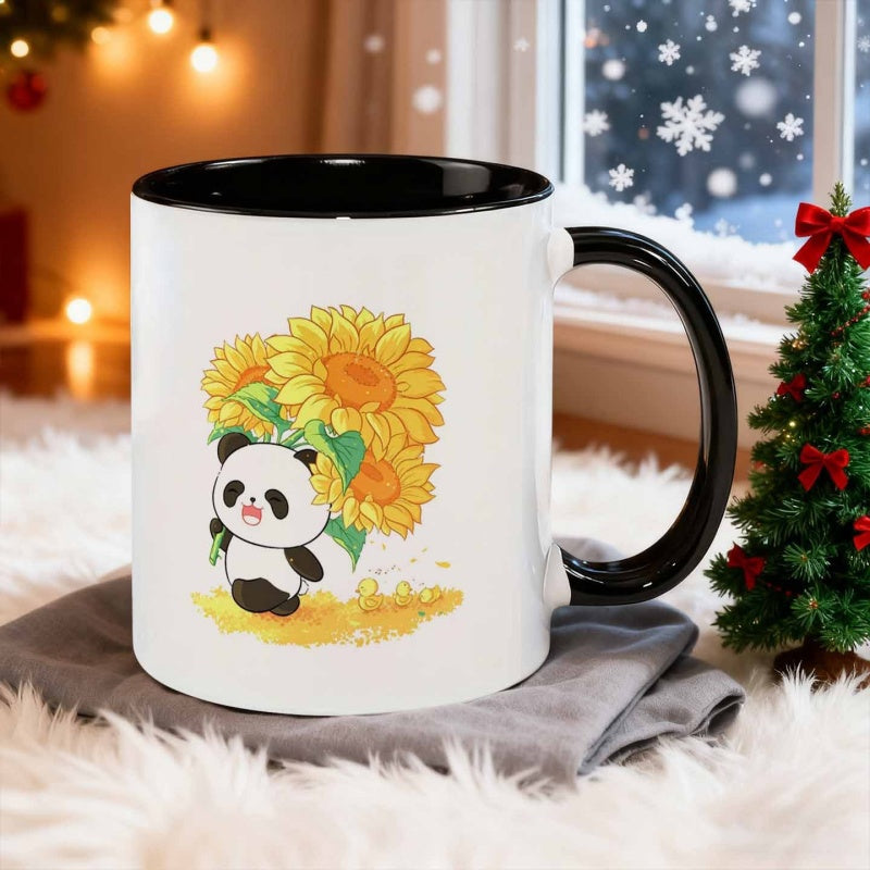 Tailorly Black Accent 11 oz Mug - panda holding sunflower warm scene