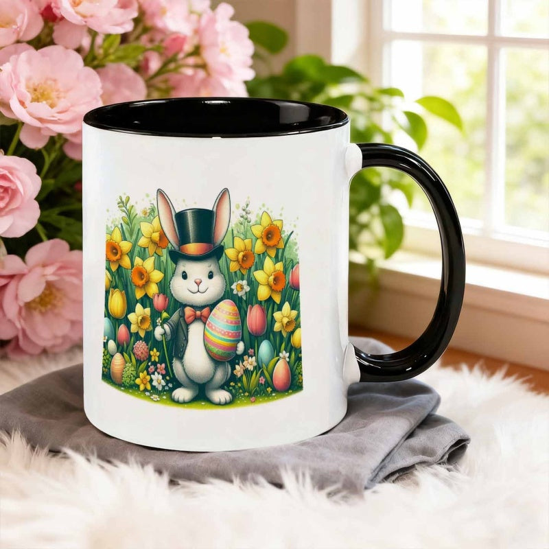 Tailorly Black Accent 11 oz Mug - adorable rabbit holding an egg surrounded by flowers