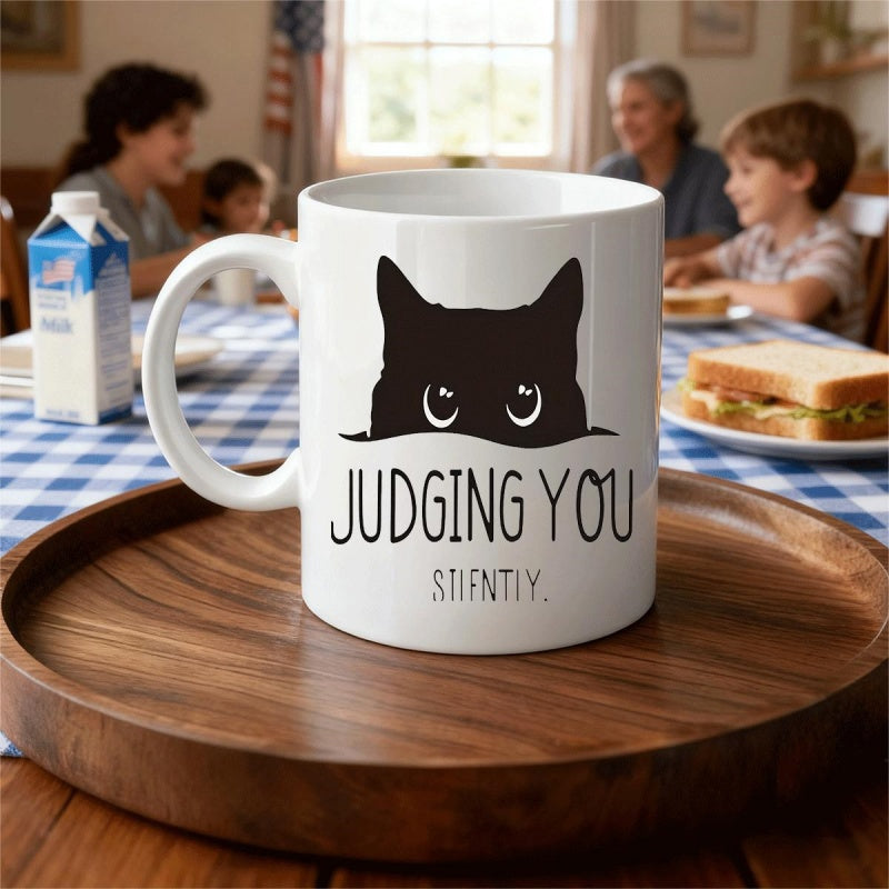 Tailorly White Ceramic 11 oz Mug - Judging You Silently Minimalist Peeking Black Silhouette With Large Expressive Eyes Cat