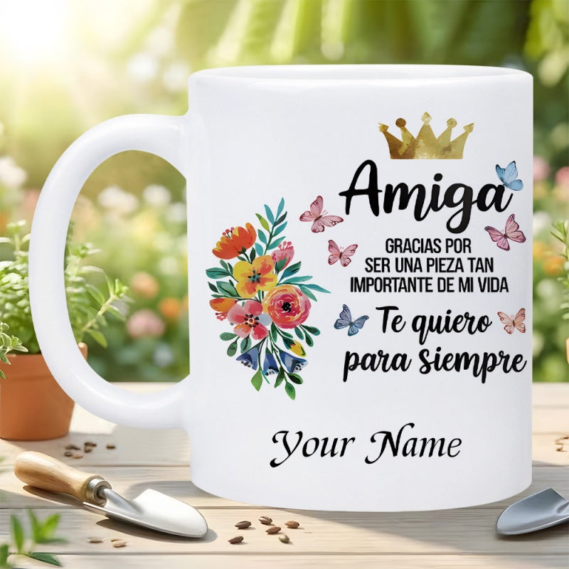 Tailorly White Ceramic 11 oz Mug - Your Name Elegant Golden Crown With Colorful Butterflies Among Vibrant Garden Flower