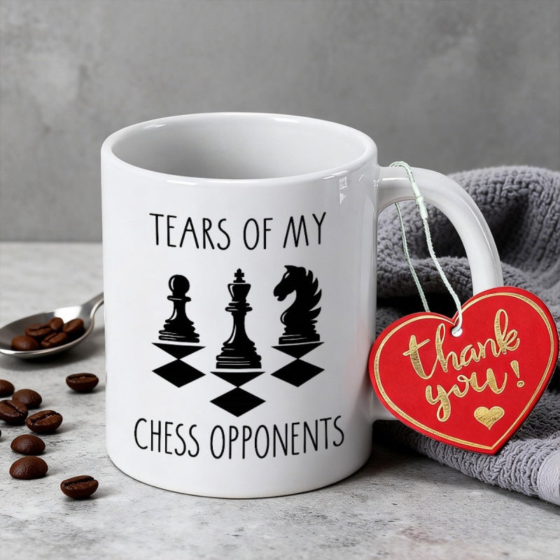 Tailorly White Ceramic 11 oz Mug - Tears Of My Chess Opponents Three Iconic Chess Pieces Standing Upon A Sharp Geometric Diamond Pattern Chessboard