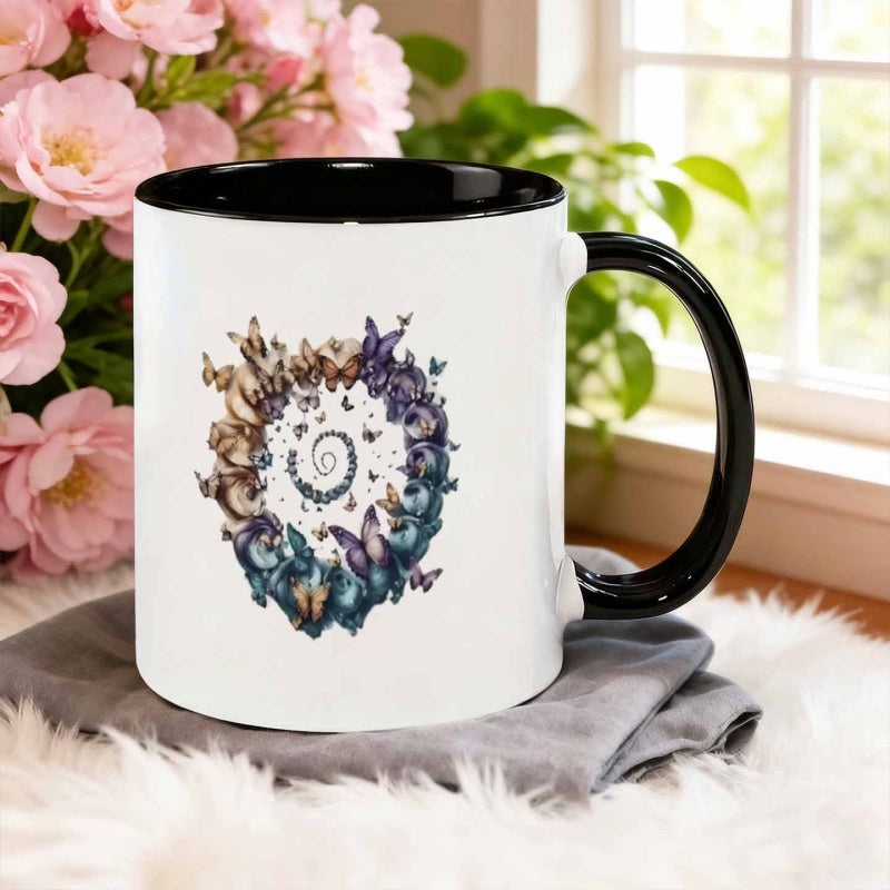 Tailorly Black Accent 11 oz Mug - watercolor collage style rose spiral
