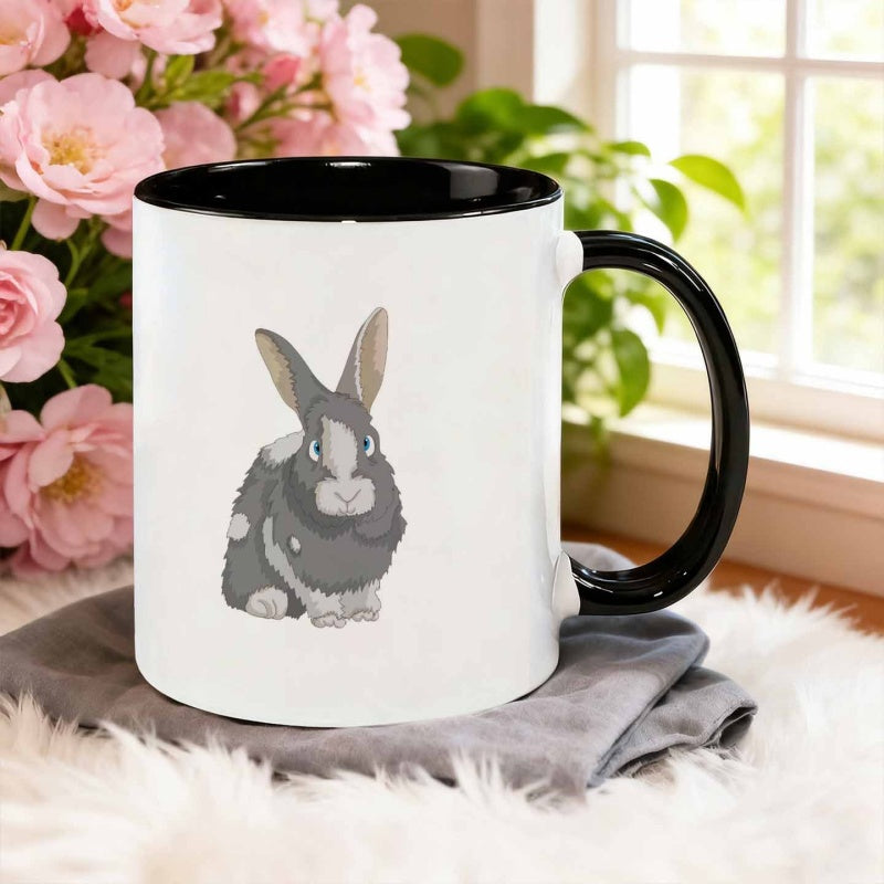 Tailorly Black Accent 11 oz Mug - gray and white rabbit in cartoon style