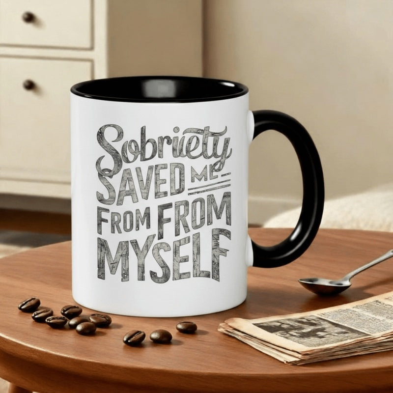 Tailorly Black Accent 11 oz Mug - sobriety saved me from