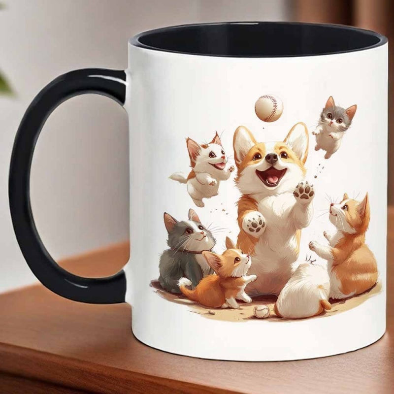 Tailorly Black Accent 11 oz Mug - corgi playing baseball with other animals