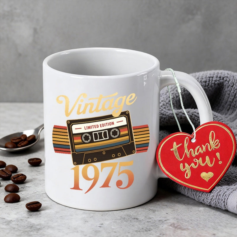 Tailorly White Ceramic 11 oz Mug - Vintage 1975 Limited Edition Classic Retro Cassette Tape With Vibrant Nostalgic Stripes And Gradients Cassette
