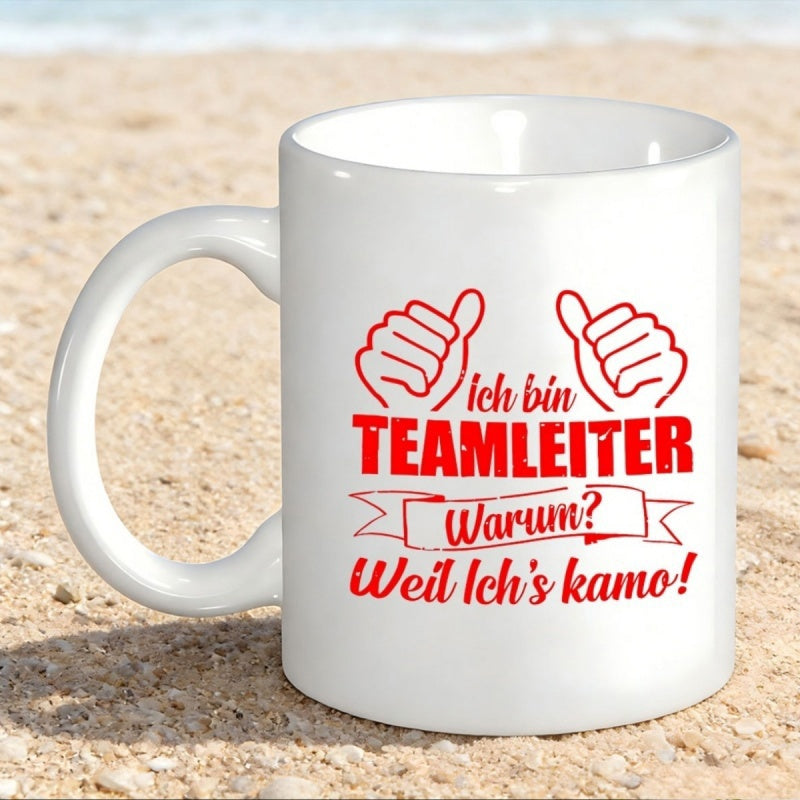 Tailorly White Ceramic 11 oz Mug - Bold Red Outlined Graphic Illustrating Self Pointing Hands For Team Leadership Design