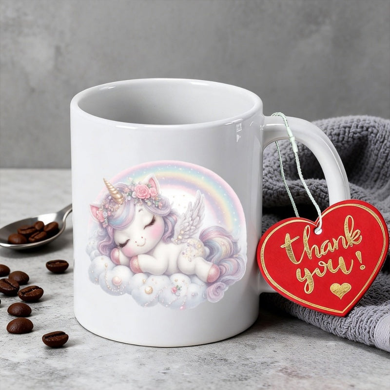 Tailorly White Ceramic 11 oz Mug - Thank You Adorable Sleeping Winged Creature Resting On Fluffy White Clouds Under Rainbow Unicorn