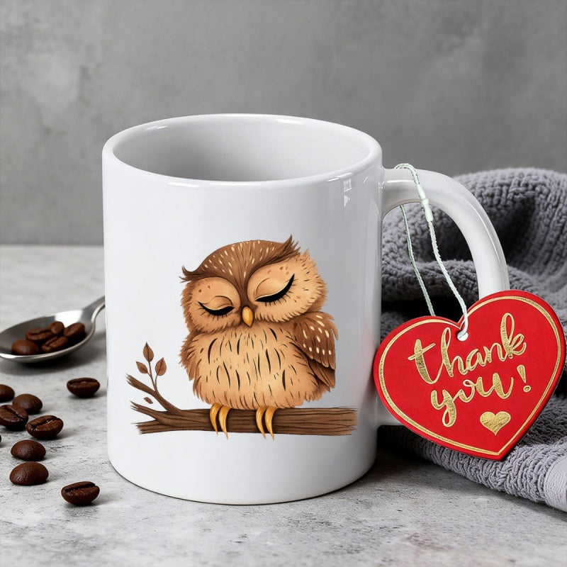 Tailorly White Ceramic 11 oz Mug - Thank You Adorable Sleeping Brown Bird Resting On A Tree Branch Owl