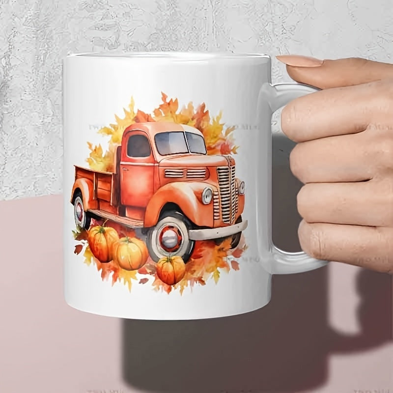 Tailorly White Ceramic 11 oz Mug - Rustic Vintage Style Orange Vehicle Among Autumn Maple Leaves And Pumpkins Truck
