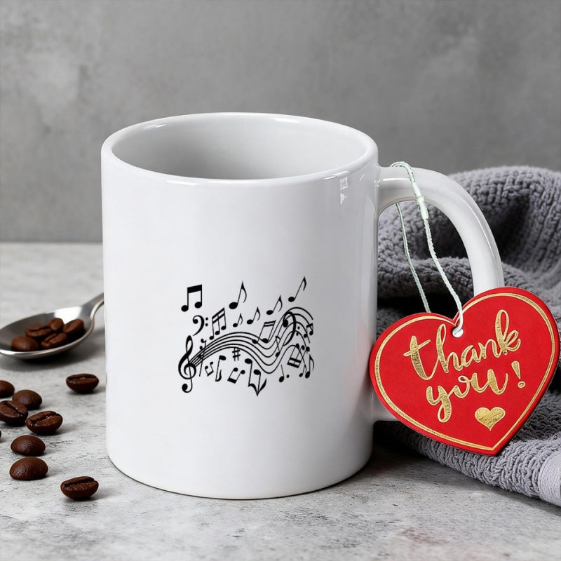 Tailorly White Ceramic 11 oz Mug - Thank You Flowing Black Musical Symbols On A Clean Ceramic Surface Music Notes