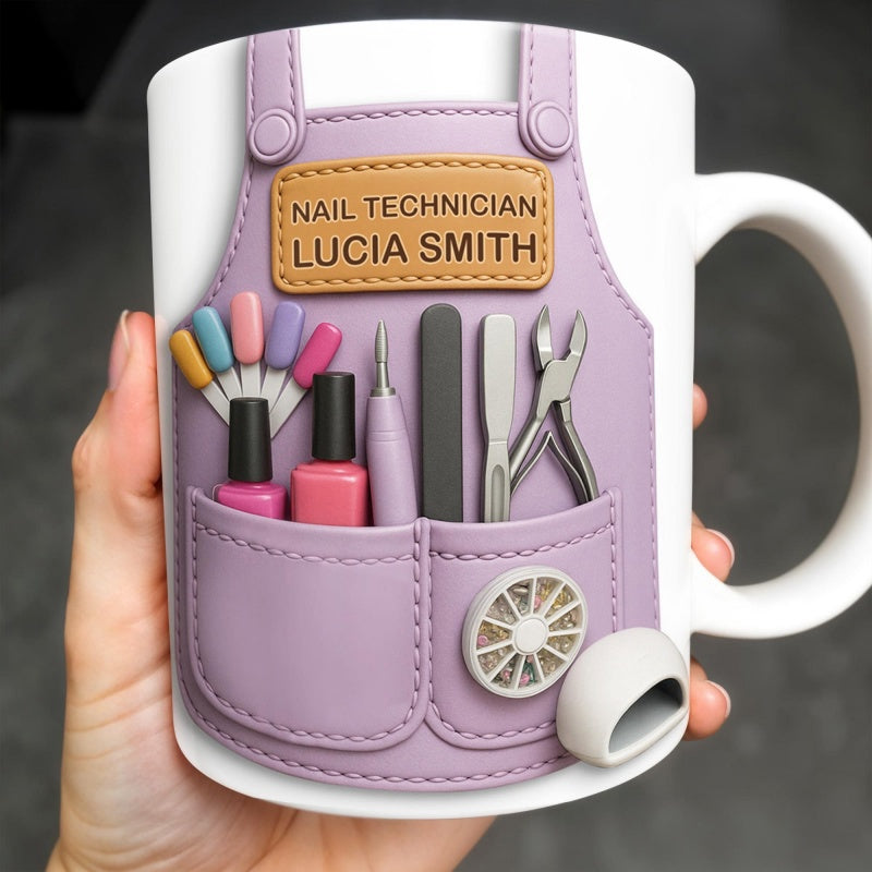 Tailorly White Ceramic 11 oz Mug - Nail Technician Lucia Smith Professional Purple Leather Texture Featuring Manicure Tools And Pockets Apron