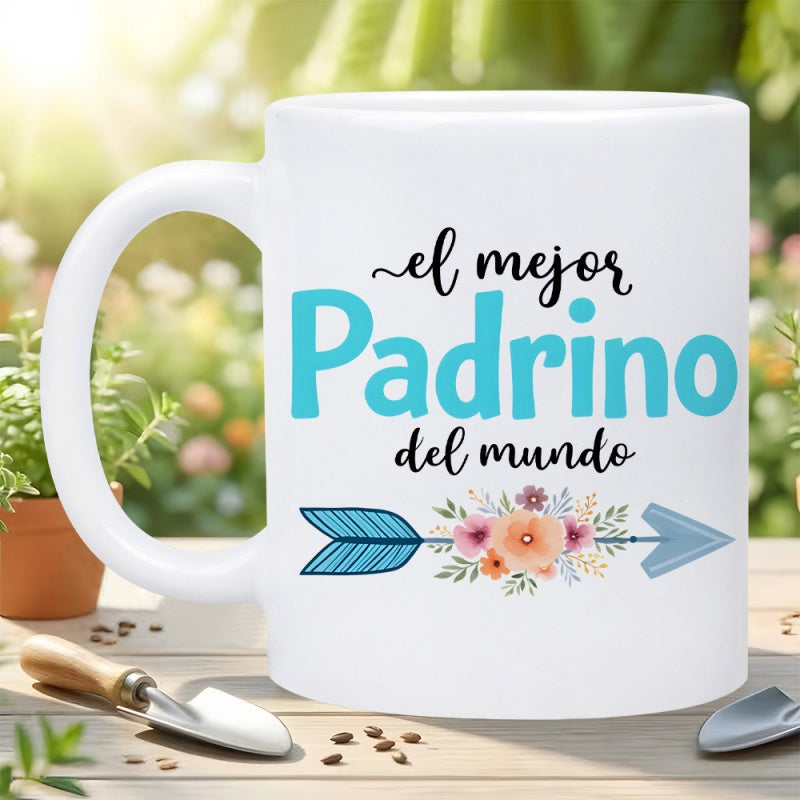 Tailorly White Ceramic 11 oz Mug - Artistic Blue Bohemian Arrow Decorated With Colorful Garden Flowers And Leaves Arrow