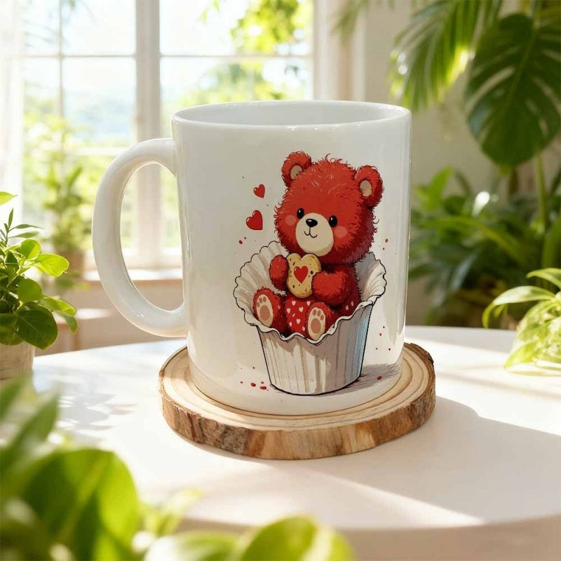 Tailorly White Ceramic 11 oz Mug - Adorable Red Cartoon Character Sitting Inside Fluted White Cupcake Wrapper Bear