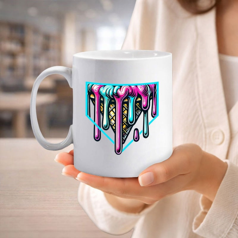 Tailorly White Ceramic 11 oz Mug - Vibrant Melting Drips Flowing From A Sweet Waffle Texture Ice Cream Cone
