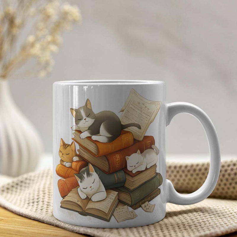 Tailorly White Ceramic 11 oz Mug - Adorable Fluffy Little Cats Sleeping Peacefully On Stacked Vintage Books Kittens