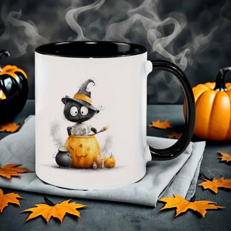 Tailorly Black Accent 11 oz Mug - cartoon style pumpkin black cat