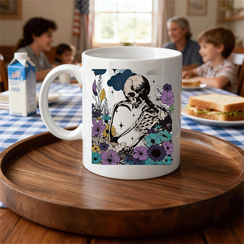 Tailorly White Ceramic 11 oz Mug - Vibrant Botanical Garden With A Detailed Artistic Human Skeleton