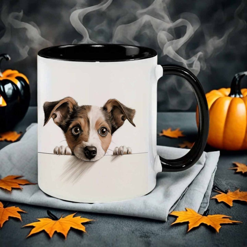 Tailorly Black Accent 11 oz Mug - puppy peeking illustration
