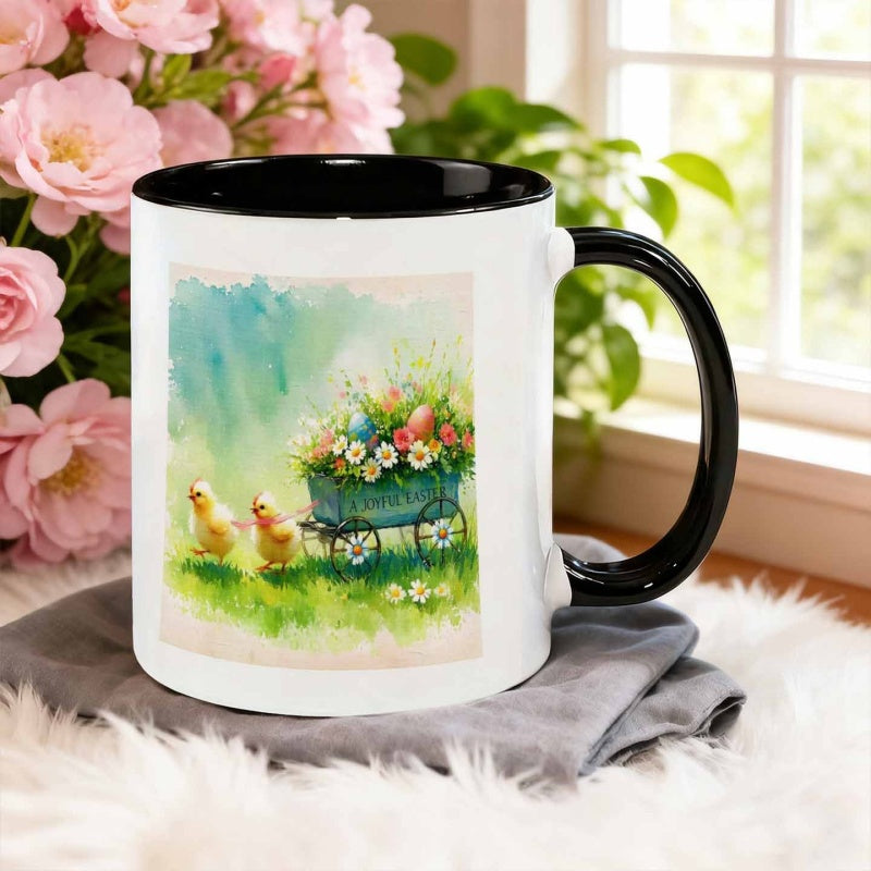 Tailorly Black Accent 11 oz Mug - watercolor design of a small chick pulling an egg cart