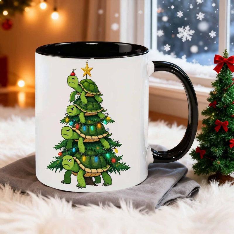 Tailorly Black Accent 11 oz Mug - cartoon style turtles stacking a Christmas tree