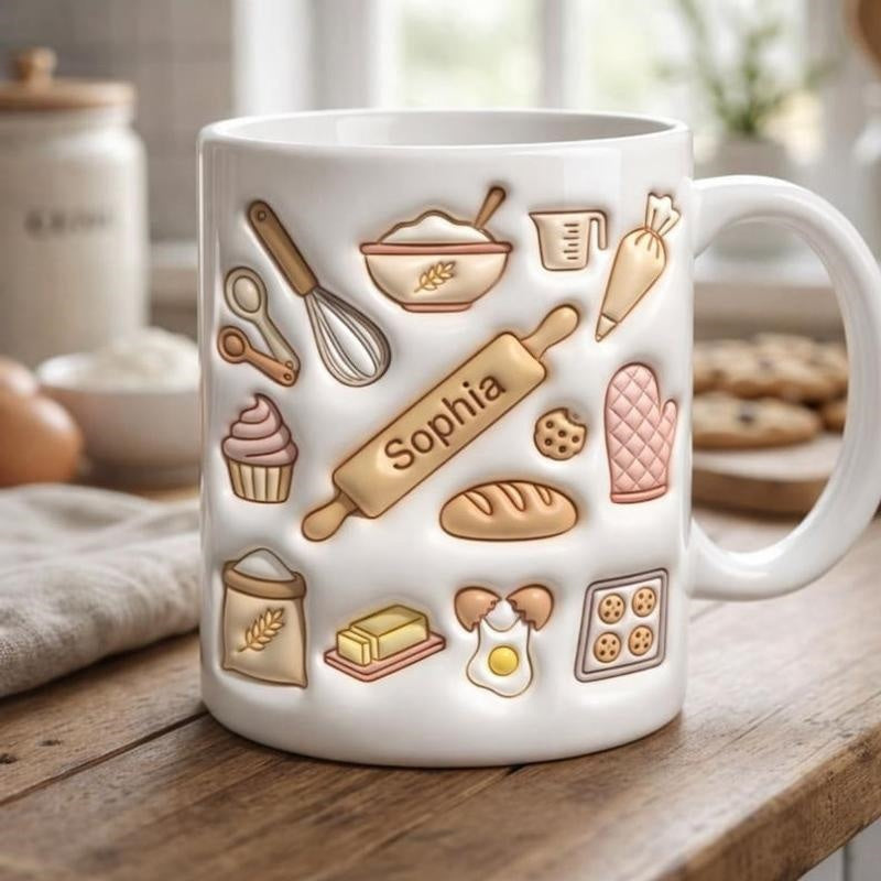 Tailorly White Ceramic 11 oz Mug - Sophia 3D Embossed Baking Utensils Among Sweet Cupcakes And Fresh Flour Ingredients Rolling Pin