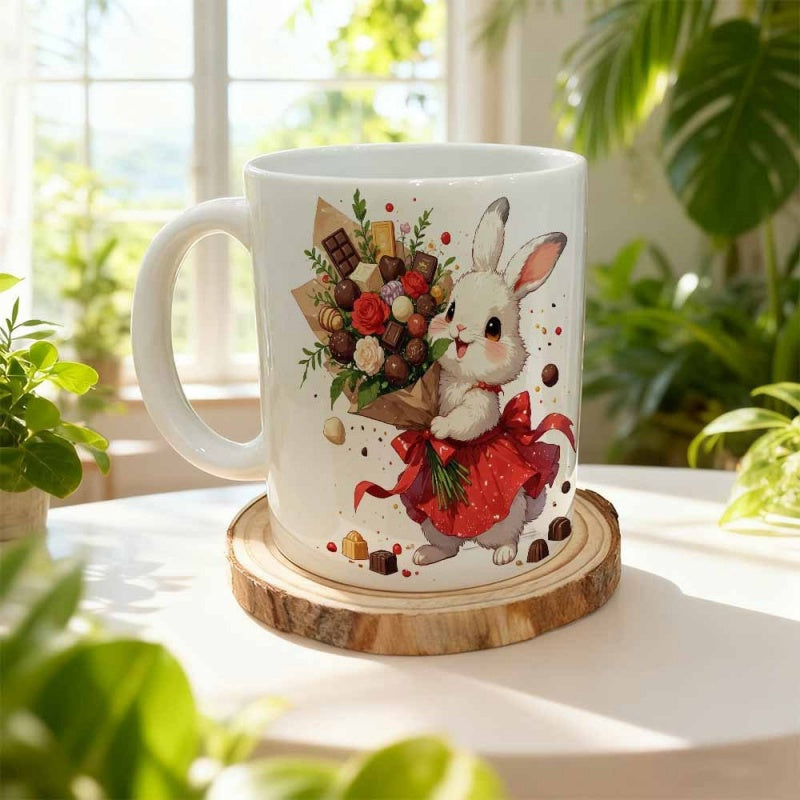 Tailorly White Ceramic 11 oz Mug - Adorable Little Bunny Wearing Red Bow Holding Chocolate Sweets Bouquet Rabbit