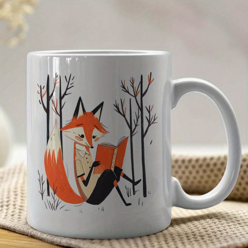 Tailorly White Ceramic 11 oz Mug - Artistic Orange Fox Reading A Book Among Minimalist Bare Forest Trees Fox