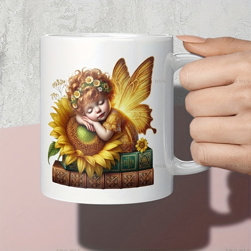Tailorly White Ceramic 11 oz Mug - Sleeping Child With Butterfly Wings Resting Upon Sunflower On Vintage Books Fairy