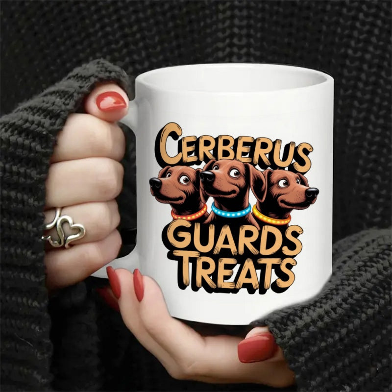Tailorly White Ceramic 11 oz Mug - Cerberus Guards Treats Three Cartoon Brown Hound Heads Wearing Colorful Collars Protectively Dog
