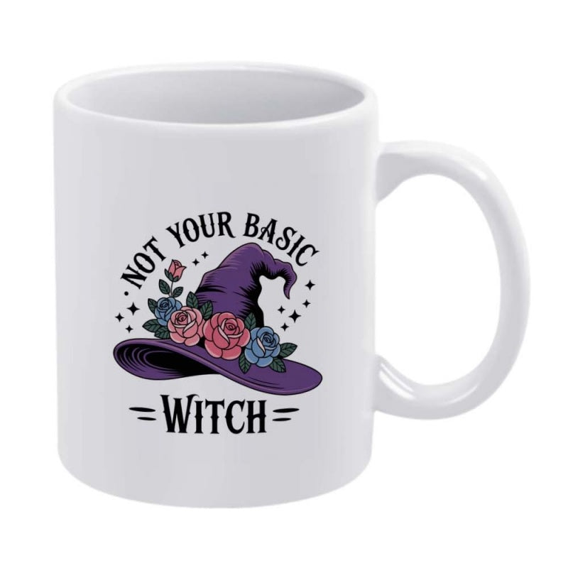 Tailorly White Ceramic 11 oz Mug - Not Your Basic Witch Elegant Purple Pointed Design Adorned With Roses And Tiny Stars Witch Hat