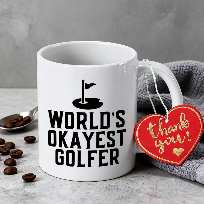 Tailorly White Ceramic 11 oz Mug - Worlds Okayest Golfer Minimalist Black Silhouette Golf Hole Flag Pin In The Green Golfer