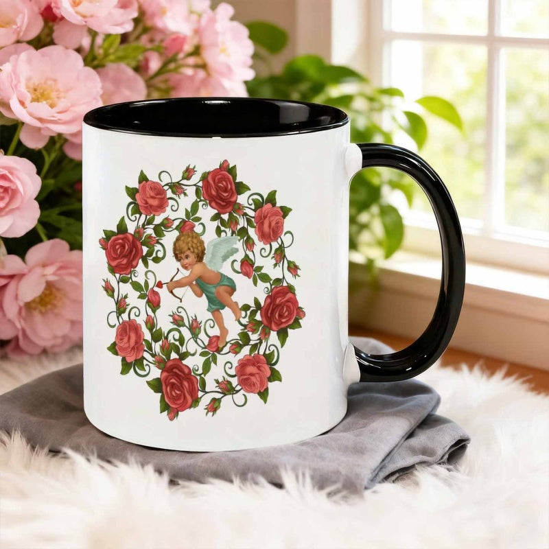 Tailorly Black Accent 11 oz Mug - cupid hiding in rose wreath