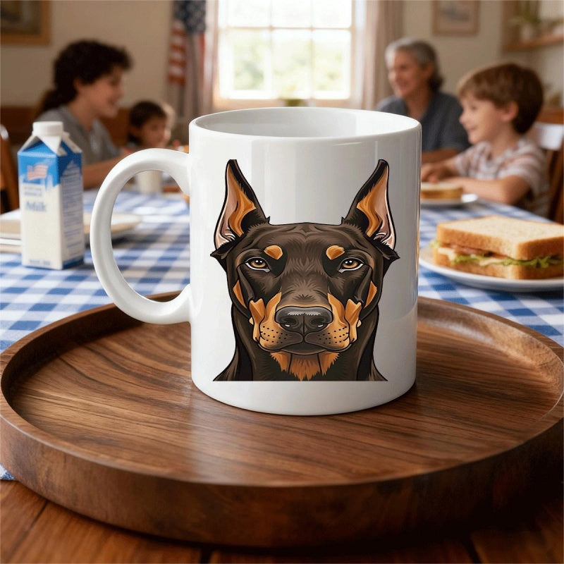 Tailorly White Ceramic 11 oz Mug - Intense Doberman Illustration Featuring Alert Ears And Sharp Brown Eyes Dog