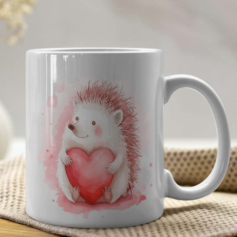 Tailorly White Ceramic 11 oz Mug - Adorable Watercolor Creature Holding A Large Red Heart With Soft Pink Accents Hedgehog