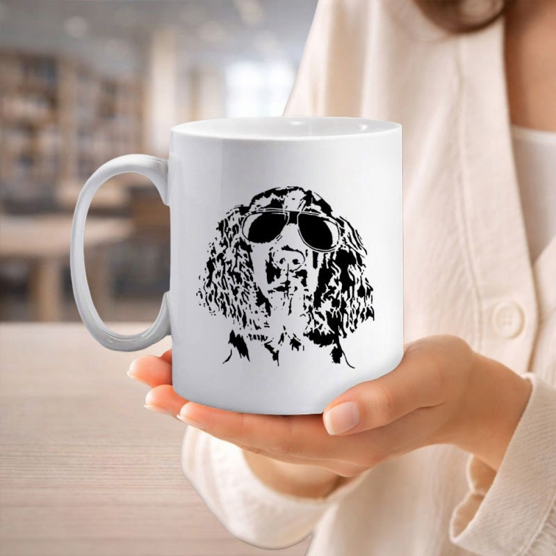 Tailorly White Ceramic 11 oz Mug - Cool Minimalist Black Stencil Art Illustration Of A Shaggy Eared Pet Dog