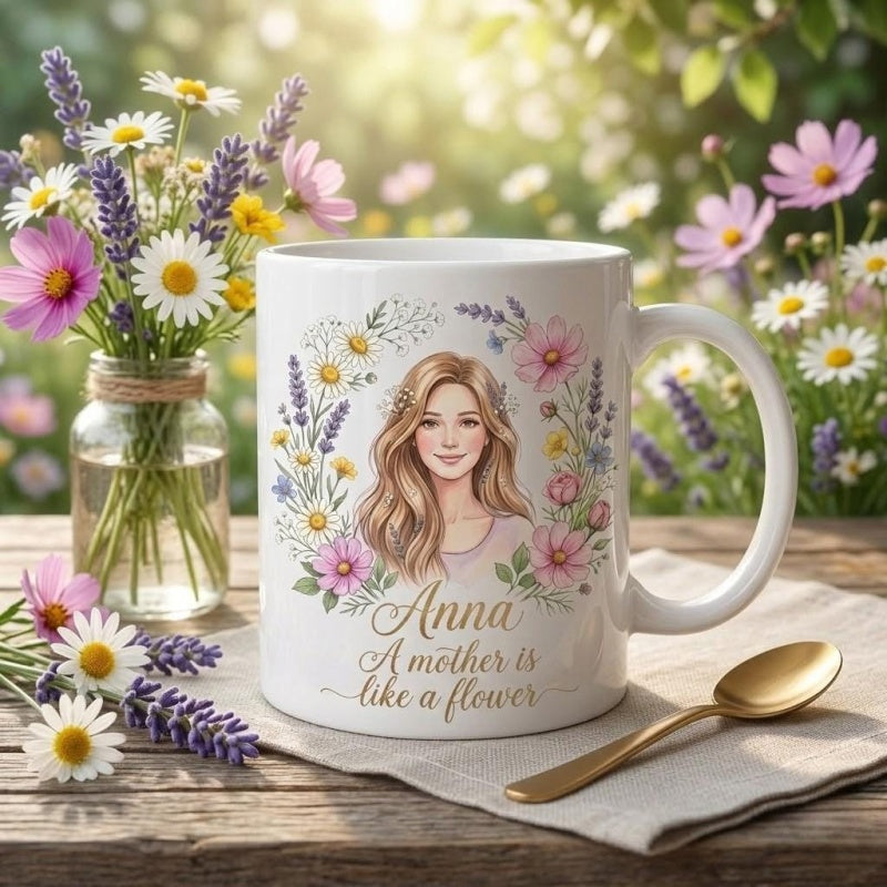 Tailorly White Ceramic 11 oz Mug - Anna A Mother Is Like A Flower Beautiful Woman Portrait Surrounded By Lavender And Daisy Blossoms Under Sunlight Mug
