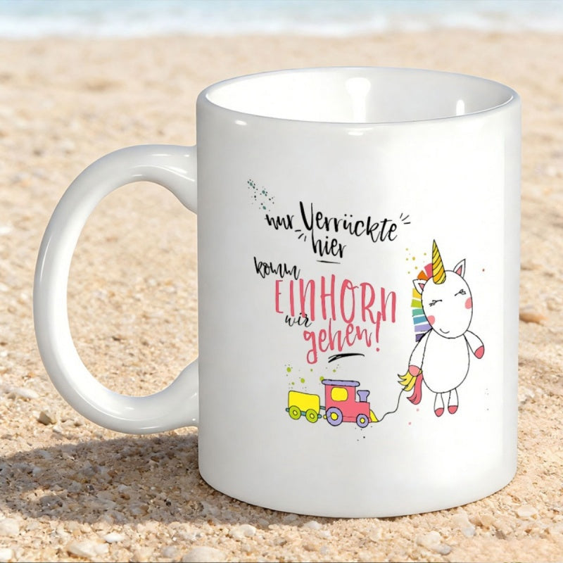 Tailorly White Ceramic 11 oz Mug - Cute Hand Drawn Mythical Creature Pulling A Tiny Red Toy Train Unicorn