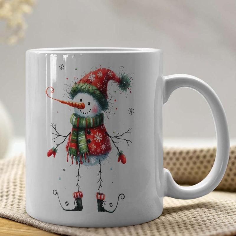 Tailorly White Ceramic 11 oz Mug - Whimsical Watercolor Christmas Character Wearing Scarf And Hat Snowman