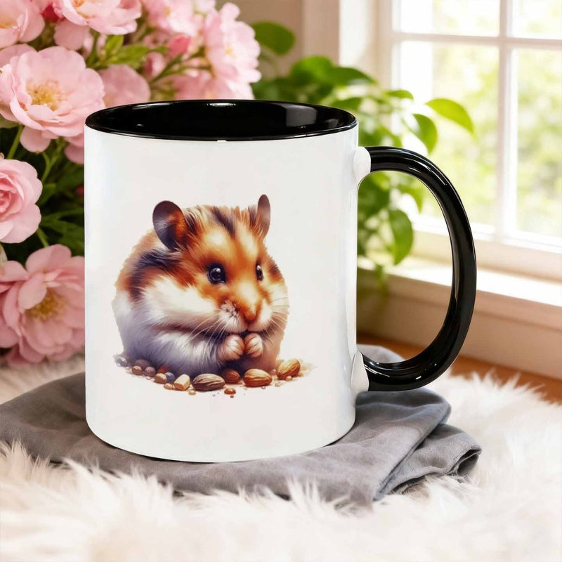Tailorly Black Accent 11 oz Mug - realistic watercolor design of a hamster on nuts
