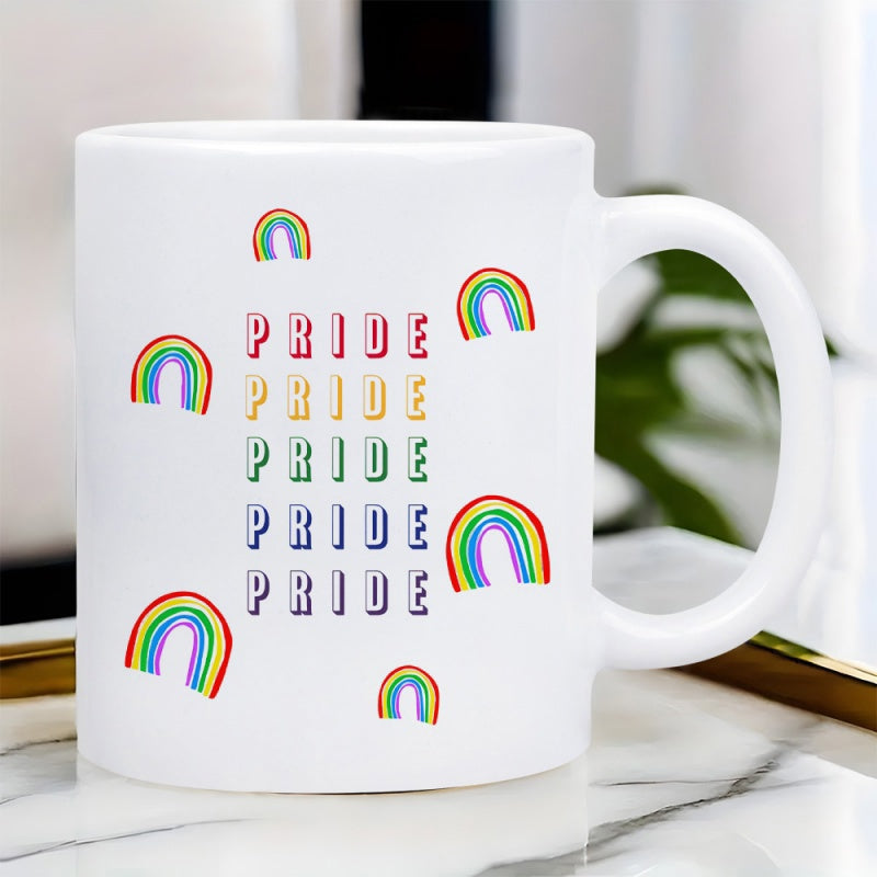 Tailorly White Ceramic 11 oz Mug - Pride Pride Pride Pride Pride Colorful Arches Scattered Around Bold Vertical Text In Rainbow Hues Rainbow