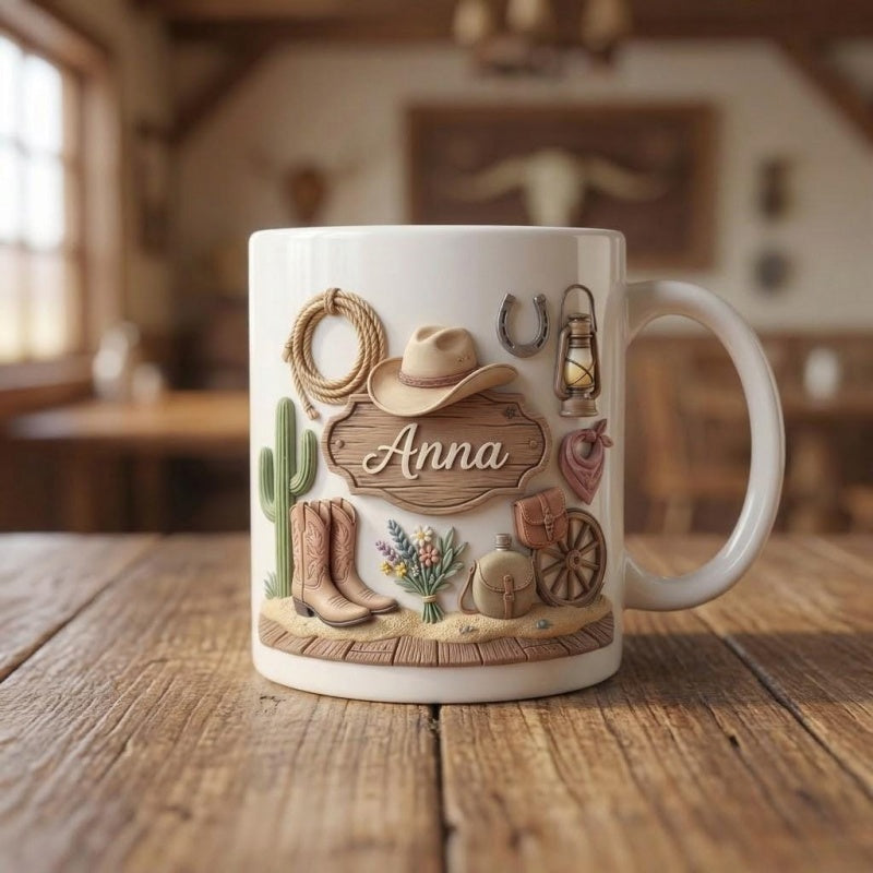 Tailorly White Ceramic 11 oz Mug - Anna Rustic Western Elements Featuring Cowboy Boots Hat And Cactus Wooden Sign