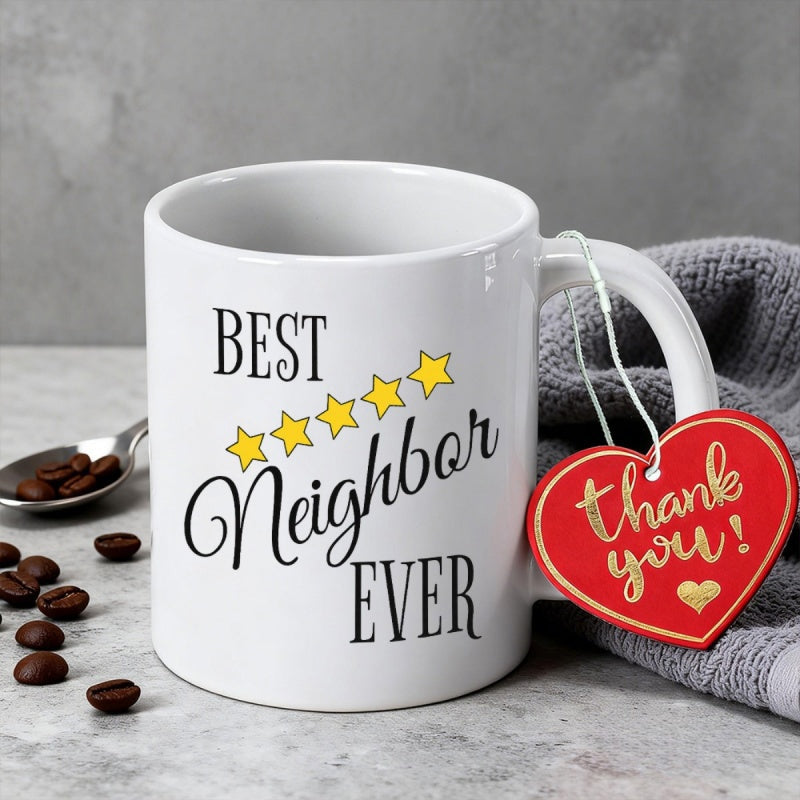 Tailorly White Ceramic 11 oz Mug - Best Neighbor Ever Minimalist White Ceramic Vessel Featuring Five Golden Stars And Cursive Lettering Mug