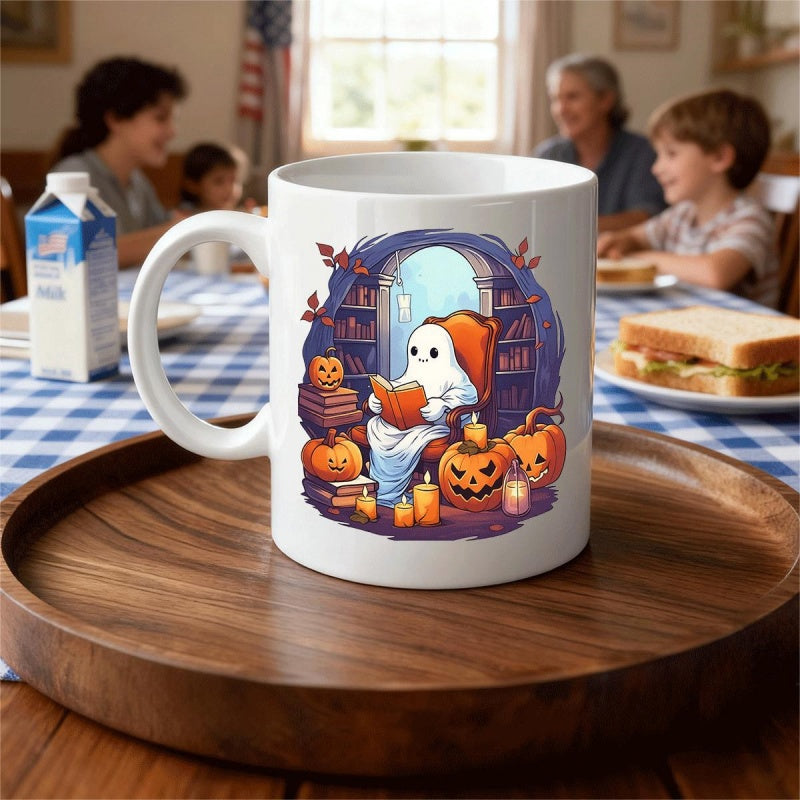 Tailorly White Ceramic 11 oz Mug - Cute Little Spirit Reading Among Pumpkins Inside A Cozy Library Ghost